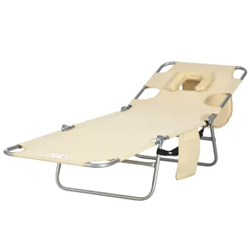 Outsunny Sezlong de gradina, scaun reclinabil cu deschidere captusita pentru fata, sezlong de masaj pentru exterior, buzunar lateral, material textil, metal, Bej | Aosom Romania imagine