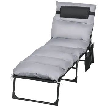 Outsunny Sezlong de Plaja Pliabil cu Spatar Reglabil, Perna, Suport pentru Cap si Buzunar, 58x189x32.5 cm, Gri Deschis | Aosom Romania imagine