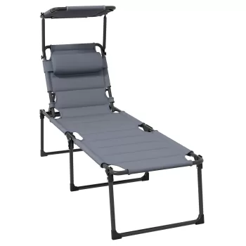Outsunny Sezlong pentru exterior, Sezlong pliabil reglabil cu spatar cu 4 pozitii, parasolar, tetiera, Sezlong cu cadru metalic pentru terasa, balcon, gradina, plaja, piscina, Gri imagine
