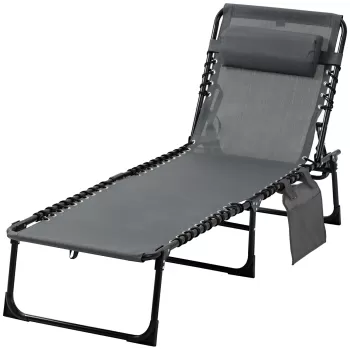 Outsunny Sezlong pentru Plaja cu Spatar Rabatabil pe 5 Pozitii si Perna, Sezlong de Gradina Pliabil din Otel si Tesatura Plasa, Gri imagine