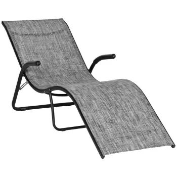 Outsunny Sezlong pentru Plaja de Gradina Pliabil, Chaise Longue de Exterior Ergonomic din Metal si Tesatura Plasa, Gri imagine