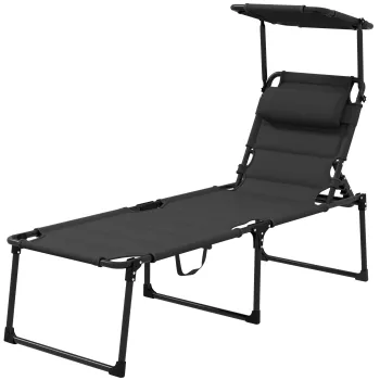 Outsunny Sezlong pliabil cu copertina, perna pentru cap reglabila din material Oxford 70 x 200 x 45 cm, negru | Aosom Romania imagine