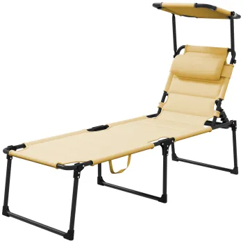 Outsunny Sezlong pliabil cu copertina, pernita reglabila pentru cap din tesatura Oxford 70 x 200 x 45 cm crem | Aosom Romania imagine