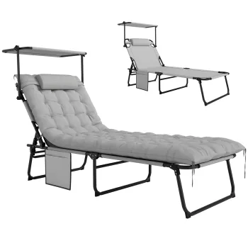 Outsunny Sezlong pliabil cu copertina si saltea, sezlong cu spatar reglabil in 4 pozitii, gri deschis | Aosom Romania imagine
