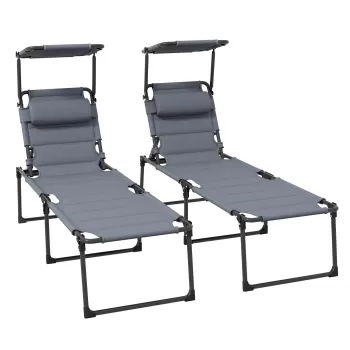 Outsunny Sezlong pliabil cu parasolar reglabil, Sezlonguri pentru exterior cu capitonaj cu uscare rapida, cu tetiera, Sezlong cu spatar rabatabil pentru plaja, curte, terasa, Gri imagine