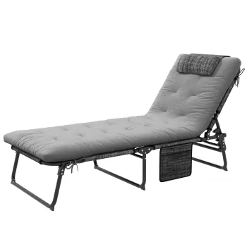 Outsunny Sezlong pliabil cu spatar inclinabil pe 4 nivele, Scaun de plaja pentru exterior cu perna, buzunar lateral,tetiera, Gri imagine
