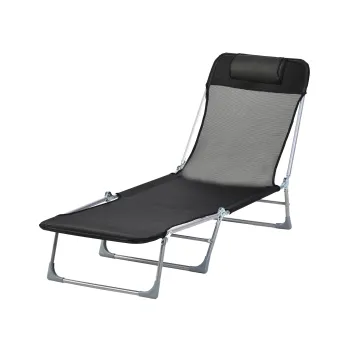 Outsunny Sezlong Pliabil cu Spatar Reglabil pe 5 Nivele si Perna, Sezlong de Gradina cu Material Respirabil Textilen, pentru Plaja, Piscina, Gradina, 182x56x28 cm, Negru | Aosom Romania imagine