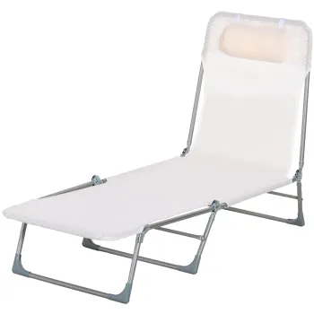 Outsunny Sezlong Pliabil cu Spatar Reglabil pe 5 Nivele si Perna, Sezlong de Gradina cu Material Texteline, pentru Plaja, Piscina, Gradina, 182x56x28 cm, Crem | Aosom Romania imagine