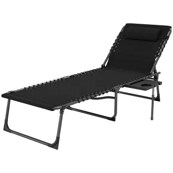 Outsunny Sezlong Pliant cu Spatar Reglabil Tetiera Buzunar Lateral Tava si Structura din Otel 190x60x31 cm Negru | Aosom Romania imagine