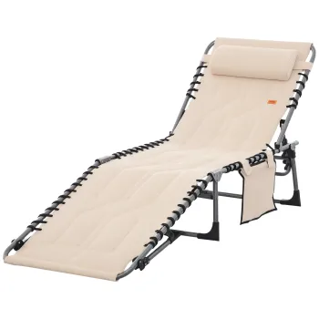Outsunny Sezlong, Sezlong de gradina pliabil, sezlong cu perna, spatar reglabil in 5 trepte, Material Oxford, 188 x 57 x 30 cm, Bej | Aosom Romania imagine