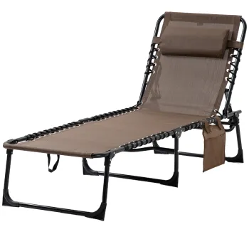 Outsunny Sezlong, sezlong pliabil cu perna pentru gat, cadru din otel, husa din plasa, capacitate 120 kg, Maro | Aosom Romania imagine