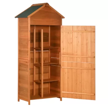 Outsunny Sopron de Gradina din Lemn cu 2 Usi, Dulap de Exterior Depozitare Unelte cu 3 Rafturi, 84x52x188cm imagine