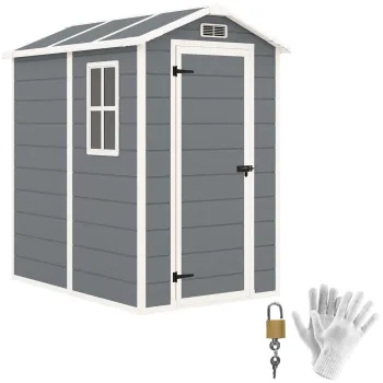 Outsunny Sopron de Gradina din PP cu Podea, Usa cu Incuietoare si Acoperis Inclinat, 131x186x198 cm, Gri | Aosom Romania imagine