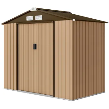 Outsunny Sopron de gradina exterior 2,42 m2 213x130x185 cm cu usa culisanta, ventilatie si kit de fundatie, galben | Aosom Romania imagine