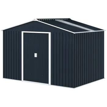 Outsunny Sopron pentru Unelte cu Acoperis Inclinat si Usi Glisante Duble, 277x195x192 cm, Gri Inchis | Aosom Romania imagine