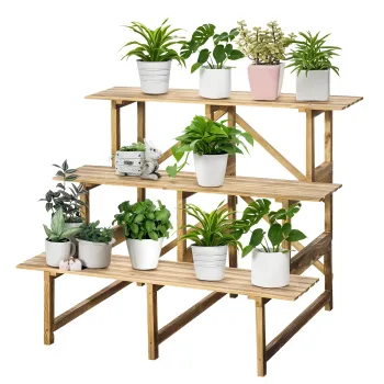 Outsunny Stand de plante cu 3 etaje, suport pliabil de flori de 78 cm inaltime pentru interior si exterior, raft de plante din lemn, suport pentru ghivece cu tavi, scara de flori pentru sufragerie, gradina balcon, lemn natural | Aosom Romania imagine