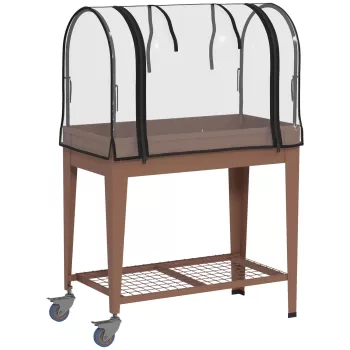 Outsunny Strat de gradina inaltat cu acoperis de sera, Jardiniera mobila inaltata cu roti si raft inferior pentru legume, flori, ierburi, 80 x 40 x 120cm, Maro imagine