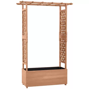 Outsunny Strat de gradina inaltat cu grilaj si acoperis care atarna pentru vita de vie, plante cataratoare, flori, Jardiniera din lemn pentru exterior 180cm, Maro imagine