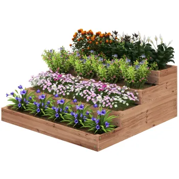 Outsunny Strat Inaltat de Gradina cu 4 Niveluri, Jardiniera de Balcon cu Baza Deschisa si Captuseala, 113x113x46 cm, Maro | Aosom Romania imagine