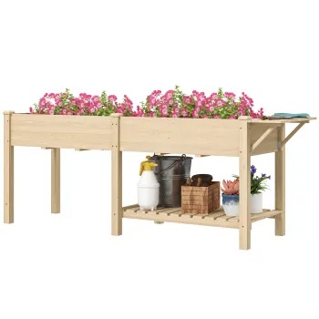 Outsunny Strat Inaltat de Gradina cu Masa Laterala, Raft Inferior si  Orificii de Drenaj, 207x59x78 cm, Lemn Natural | Aosom Romania imagine