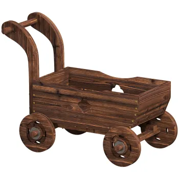 Outsunny Strat Inaltat pentru Gradina in Forma de Carucior cu 4 Roti si Maner, Ghiveci din Lemn de Molid cu Gauri de Drenaj, pentru Balcon, Terasa, 68x38x52 cm, Finisaj Carbonizat | Aosom Romania imagine