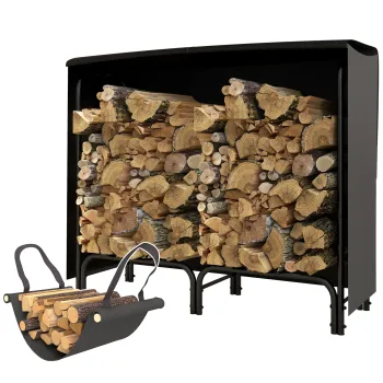 Outsunny Suport pentru Lemne din Metal cu Rastel Reglabil, Geanta de Panza si Husa Impermeabila, 120x36x99 cm, Negru | Aosom Romania imagine