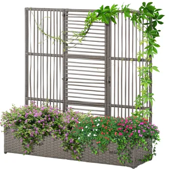 Outsunny Suport pentru plante cu trestie ghiveci rectangular din rasina impletita si otel dim. 103L x 29l x 103H cm | Aosom Romania imagine