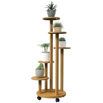 Outsunny Suport pentru plante din bambus rafturi rotunde pentru flori suport pentru ghivece de flori 5 nivele lemn natural | Aosom Romania imagine