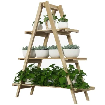 Outsunny Suport pentru Plante Pliabil din Lemn Raft pentru Ghivece cu 3 Nivele cu Cadru in A 100x36x112 cm Natural | Aosom Romania imagine