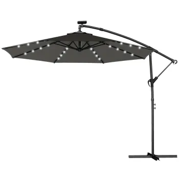 Outsunny Umbrela cu brat lateral LED solar aprox. O300 cm, rotativa, cu manivela, suport si husa, Gri inchis | Aosom Romania imagine