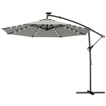 Outsunny Umbrela cu brat lateral LED Solar aprox. O300 cm Rotativa Umbrela de soare cu manivela Suport Husa de protectie Gri deschis | Aosom Romania imagine