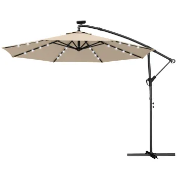 Outsunny Umbrela cu brat lateral LED Solar cca. O300 cm Rotativa Umbrela cu manivela Suport Husa de protectie Bej | Aosom Romania imagine