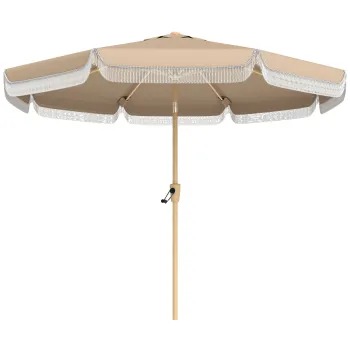 Outsunny Umbrela de gradina pentru exterior 266 cm, umbrela inclinabila, franjuri, manivela, 8 nervuri, tesatura poliester 180 g/m2, kaki | Aosom Romania imagine