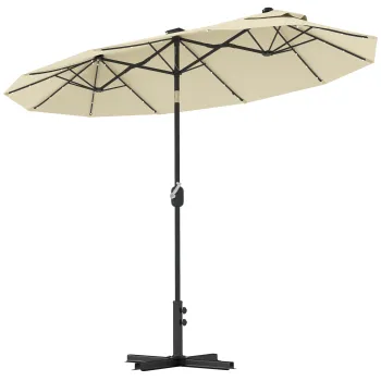 Outsunny Umbrela Dubla Inclinabila cu Manivela, Lumini LED, Baza in Cruce si Orificii de Ventilatie, 295x150 cm, Alb Crem | Aosom Romania imagine