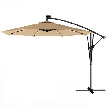 Outsunny Umbrela excentrica cu lumini LED solare 330x295 cm umbrela gradina cu baza in cruce manivela husa de protectie kaki | Aosom Romania imagine