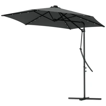 Outsunny Umbrela Excentrica de 3 m cu Lumini LED cu Manivela si Baza in Cruce pentru Exterior Patio Terasa Gri Inchis | Aosom Romania imagine