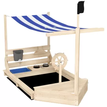 Outusunny Nisipar din lemn pentru copii, cu copertina, Lada de nisip pentru exterior cu set de joaca tip bucatarie, scaun, depozitare, pentru gradina, 180 x 103 x 144,5 cm, Finisaj de lemn natural imagine