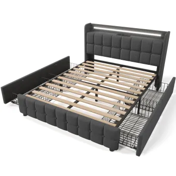 Pat cu tablie USB si iluminare LED, 4 sertare, structura din lemn, tablie tapitata, 140x200 cm, Gri imagine