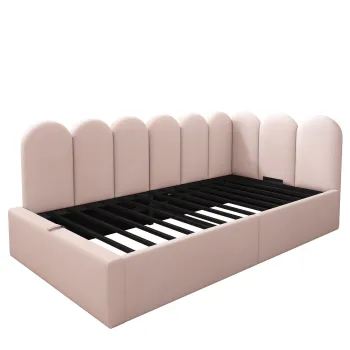 Pat de zi tapitat cu spatiu de depozitare hidraulic, tapiterie din catifea si somiera cu lamele metalice, fara saltea, 90x200 cm, Roz imagine
