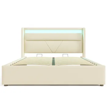 Pat dublu cu lada de depozitare, cu LED si telecomanda, structura tapitata 140x200 cm, Alb imagine