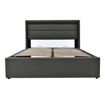 Pat dublu cu lada de depozitare, cu LED si telecomanda, structura tapitata 140x200 cm, Gri imagine