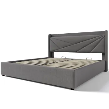 Pat dublu cu lada de depozitare, functie de incarcare USB Tip C, din bumbac si in, fara saltea, 160x200 cm, Gri imagine