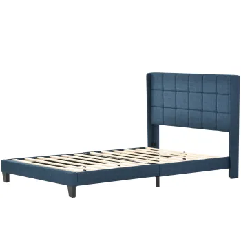 Pat dublu cu tablie tapitata si somiera cu lamele, design elegant din in, fara saltea, 140x200 cm, Albastru imagine