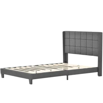 Pat dublu cu tablie tapitata si somiera cu lamele, design elegant din in, fara saltea, 140x200 cm, Gri imagine