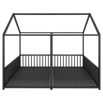 Pat dublu pentru copii 90x200 cm, forma de casa, cu bariera de siguranta, fara saltea, Negru imagine