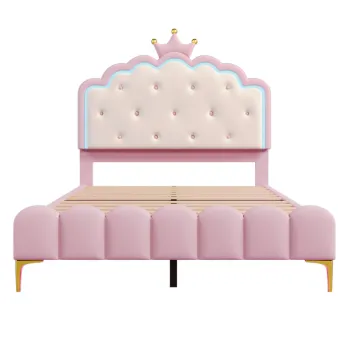 Pat tapitat 140x200 cm cu somiera cu lamele, forma de printesa mostenitoare, fara saltea, Roz imagine
