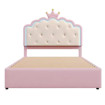 Pat tapitat 140x200 cm cu somiera cu lamele, pat extensibil si 2 sertare, fara saltea, Roz imagine