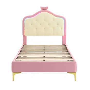 Pat tapitat cu banda LED, tablie cu funda roz, tapiterie din PU, fara saltea, 90x200 cm, Alb+Roz imagine