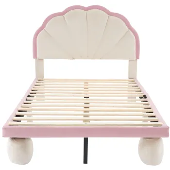 Pat tapitat din catifea, cu banda LED multicolora, tablie ondulata, 90x200 cm, Alb+Roz imagine