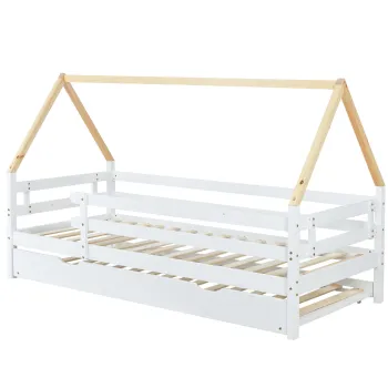 Pat tip casuta cu pat extensibil si roti, fara saltea, din lemn, 90x200 & 90x190 cm, Alb imagine